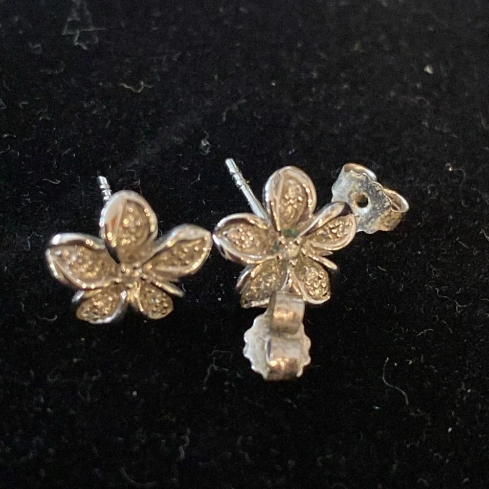 Silver Hibiscus Earrings with Crystals marked 925
